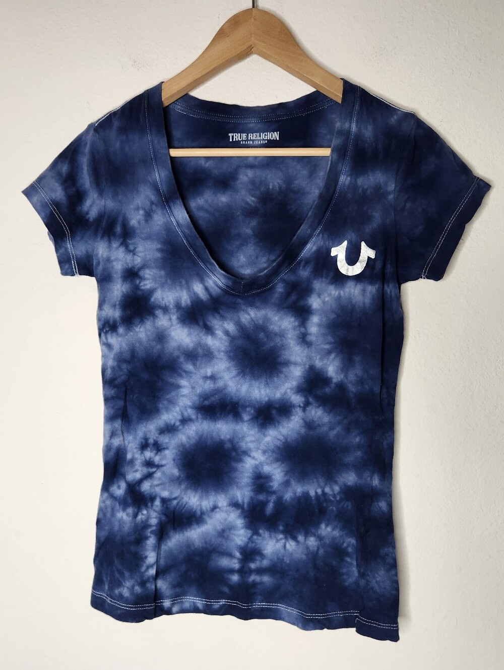 True Religion Womens XS Blue Scoop Neck Tie Dye Short Sleeve Shirt Cotton